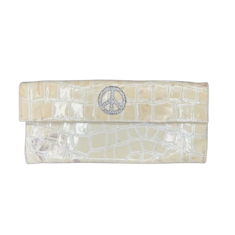 Donald J Pliner Couture Cream Croc Embossed Peace Sign Leather Clutch